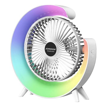 JOHNSON - LED RGB Επαναφορτιζόμενος επιτραπέζιος ανεμιστήρας Πολύχρωμο LED/5W/3,7V 1200 mAh διάμ. 14 cm λευκός