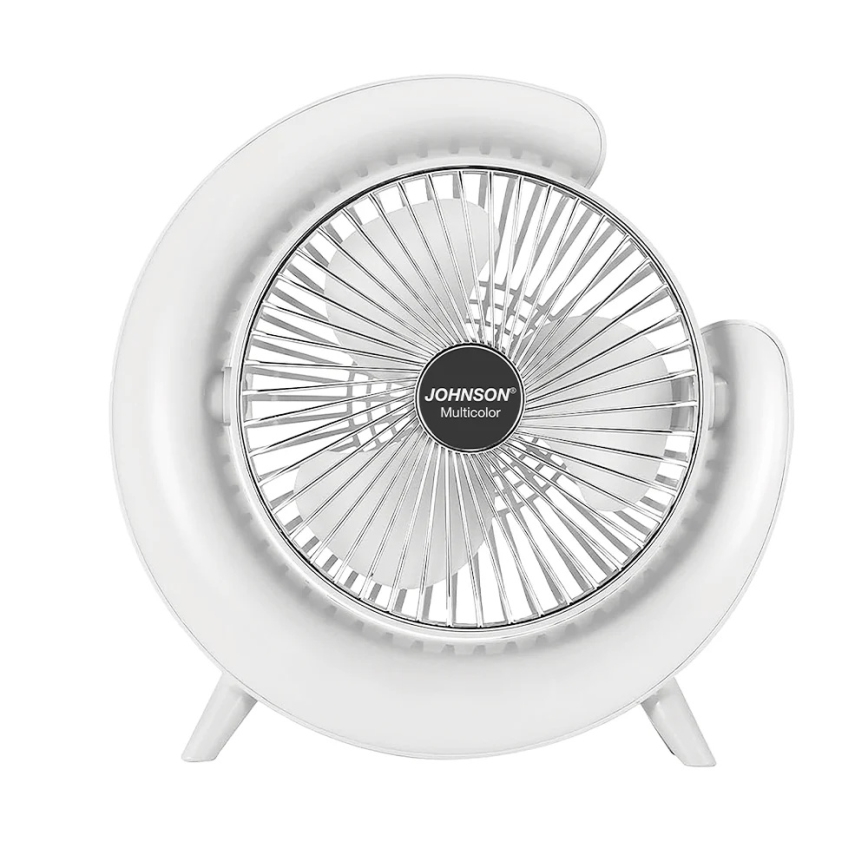 JOHNSON - LED RGB Επαναφορτιζόμενος επιτραπέζιος ανεμιστήρας Πολύχρωμο LED/5W/3,7V 1200 mAh διάμ. 14 cm λευκός