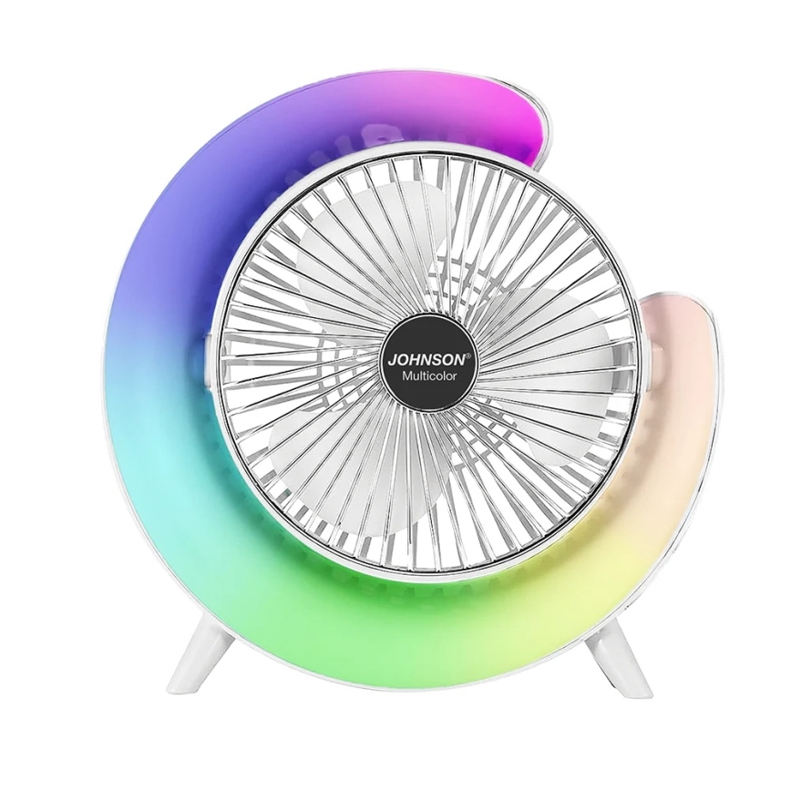 JOHNSON - LED RGB Επαναφορτιζόμενος επιτραπέζιος ανεμιστήρας Πολύχρωμο LED/5W/3,7V 1200 mAh διάμ. 14 cm λευκός