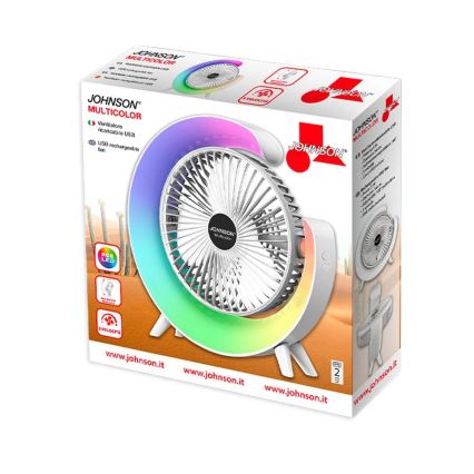 JOHNSON - LED RGB Επαναφορτιζόμενος επιτραπέζιος ανεμιστήρας Πολύχρωμο LED/5W/3,7V 1200 mAh διάμ. 14 cm λευκός