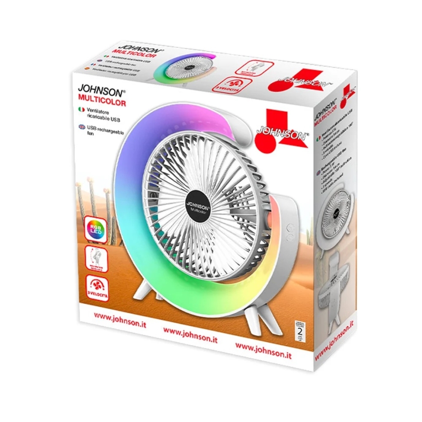 JOHNSON - LED RGB Επαναφορτιζόμενος επιτραπέζιος ανεμιστήρας Πολύχρωμο LED/5W/3,7V 1200 mAh διάμ. 14 cm λευκός