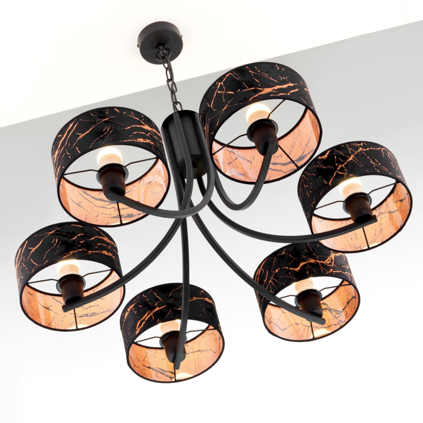 Jupiter 2108 - Πολυέλαιος με αλυσίδα ARTHUR 6xE27/15W/230V μαύρο/πορτοκαλί/μαρμάρινη διακόσμηση
