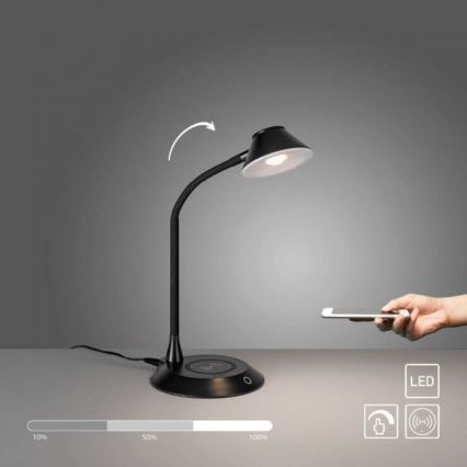 JUST LIGHT. 14414-18 - LED ρυθμιζόμενο, εύκαμπτο επιτραπέζιο φωτιστικό με έλεγχο αφής και ασύρματη φόρτιση PUCKI LED/4,5W/230V μαύρο