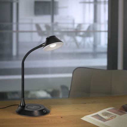 JUST LIGHT. 14414-18 - LED Ρυθμιζόμενο ευέλικτο επιτραπέζιο φωτιστικό με ασύρματη φόρτιση PUCKI LED/4,5W/230V μαύρο