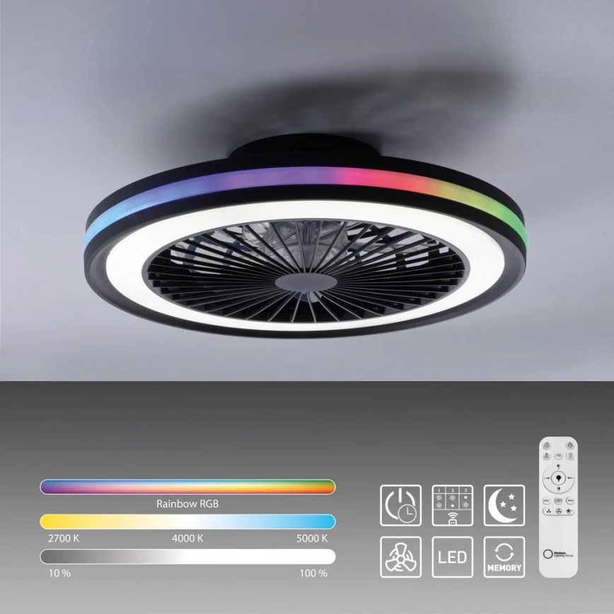 JUST LIGHT. 14649-18 - LED RGBW Dimmable ανεμιστήρας οροφής με ένα φωστικό BRANDON LED/36W/230V 2700-5000K διάμετρος 46,5 cm μαύρο + τηλεχειριστήριο