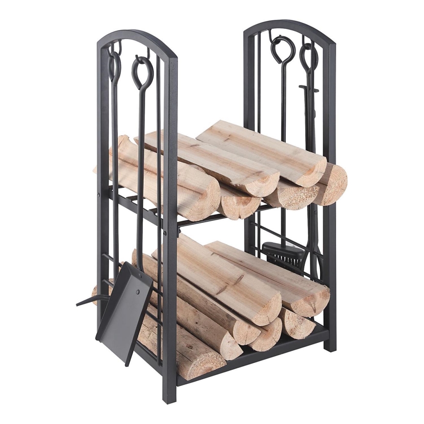 Καλάθι για ξύλα με εργαλεία τζακιού 5 τμχ μαύρο