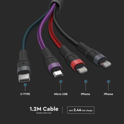 Καλώδιο USB USB-A / USB Lightning / MicroUSB / USB-C 1,2μ πολύχρωμο