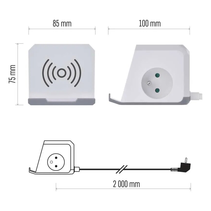 Καλώδιο επέκτασης με βάση και ασύρματη φόρτιση QI 2Z +2xUSB-A+1xUSB-C 2μ λευκό