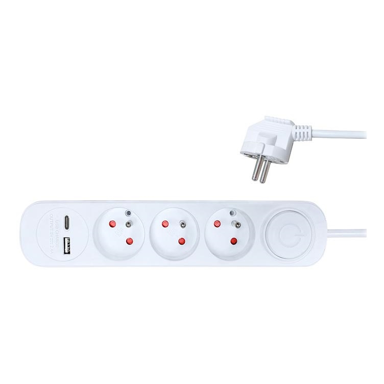 Καλώδιο επέκτασης με διακόπτη 3πρίζες + 2xUSB 2μ λευκό