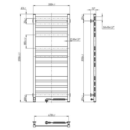 Καλοριφέρ-σκάλα μπάνιου με θερμοστάτη LARGO 256W 120x50 cm, μαύρο, δεξιά σύνδεση