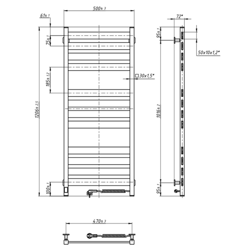 Καλοριφέρ-σκάλα μπάνιου με θερμοστάτη LARGO 256W 120x50 cm, μαύρο, δεξιά σύνδεση
