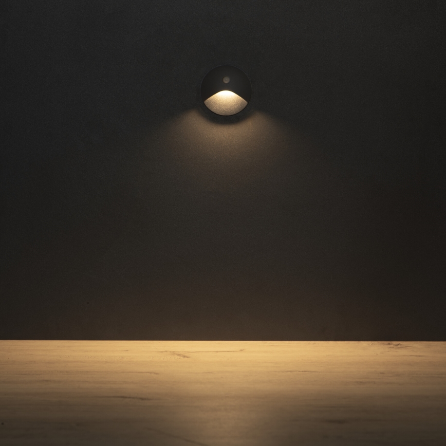 LED φωτιστικό σκάλας με αισθητήρα κίνησης και λυκόφωτος EXIN LED/2,5W/230V 3000K IP65 ανθρακί στρογγυλό