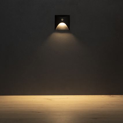 LED φωτιστικό σκάλας με αισθητήρα κίνησης και λυκόφωτος EXIN LED/2,5W/230V 3000K IP65 μαύρο τετράγωνο