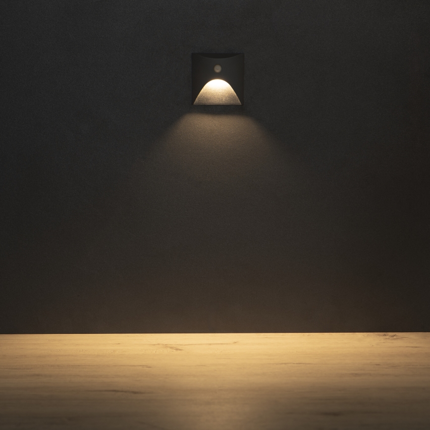 LED φωτιστικό σκάλας με αισθητήρα κίνησης και λυκόφωτος EXIN LED/2,5W/230V 3000K IP65 ανθρακί τετράγωνο