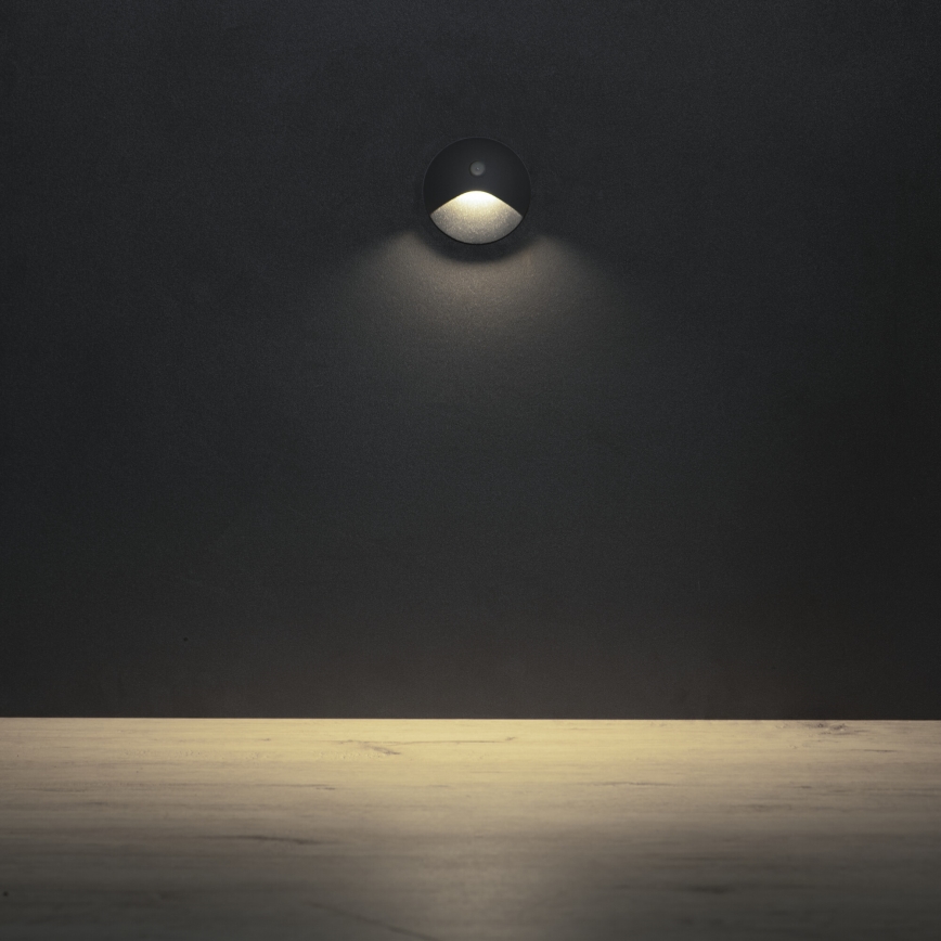 Φωτιστικό LED για σκάλα EXIN με αισθητήρα κίνησης και λυκόφωτος, LED/2,5W/230V 4000K IP65, ανθρακί, στρογγυλό