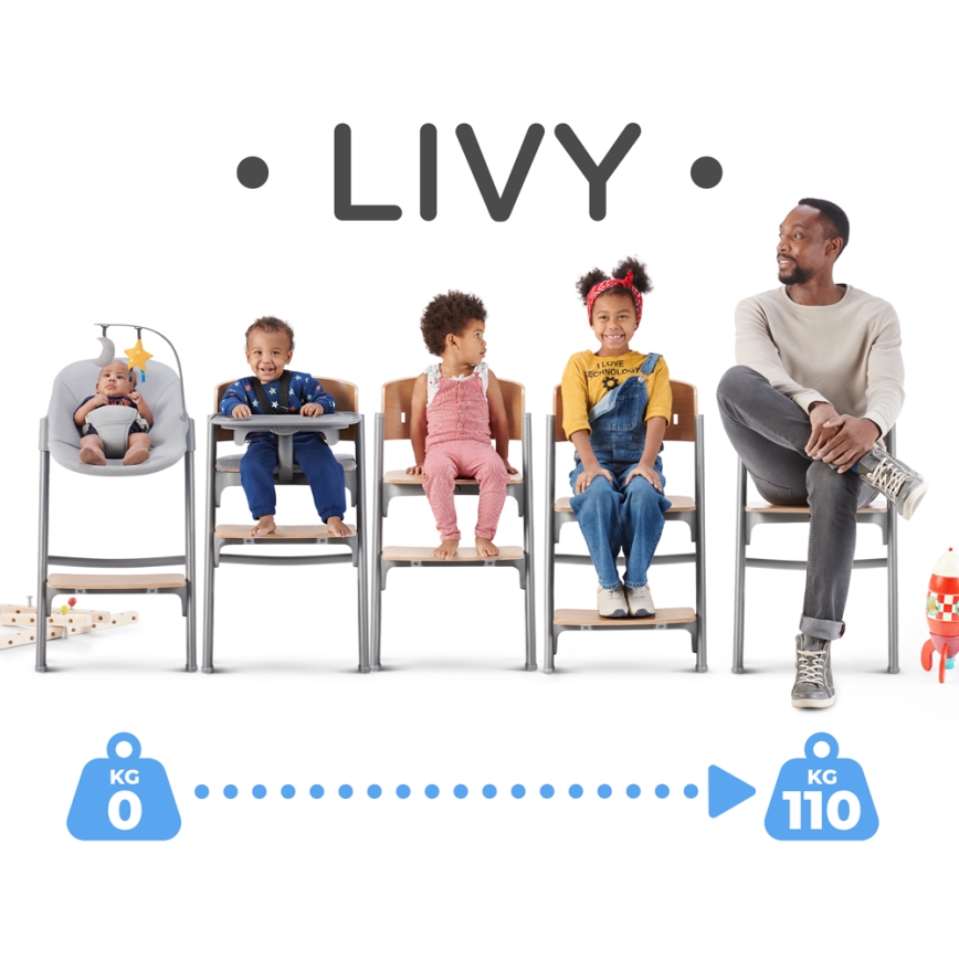 KINDERKRAFT SELECT - Παιδική καρέκλα φαγητού 3 σε 1 LIVY Premium δρυς + κουνιστή πολυθρόνα CALMEE