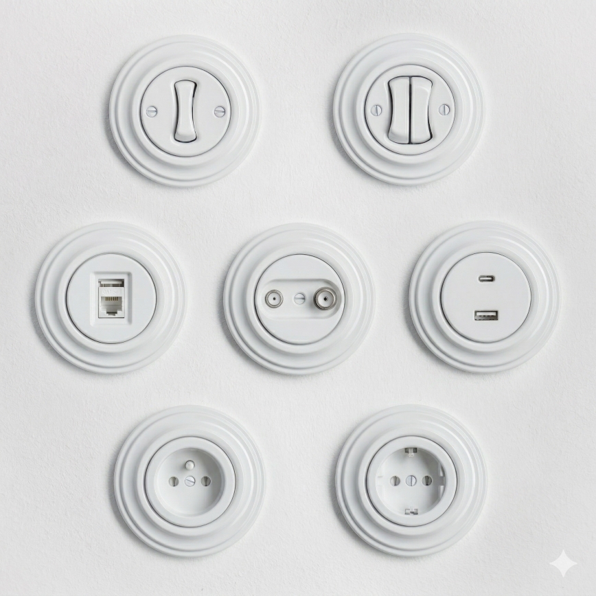 Kliklap - Ρετρό πρίζα τοίχου με πλαίσιο SCHUKO 230V/16A, χιονόλευκη