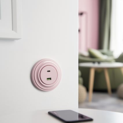 Kliklap - Ρετρό USB πρίζα A+C με πλαίσιο, παλαιωμένο ροζ