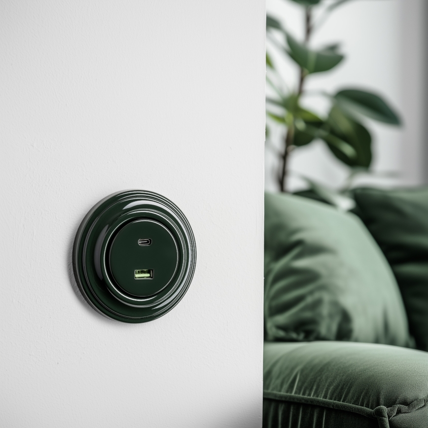 Kliklap - Ρετρό USB πρίζα A+C με πλαίσιο πράσινη