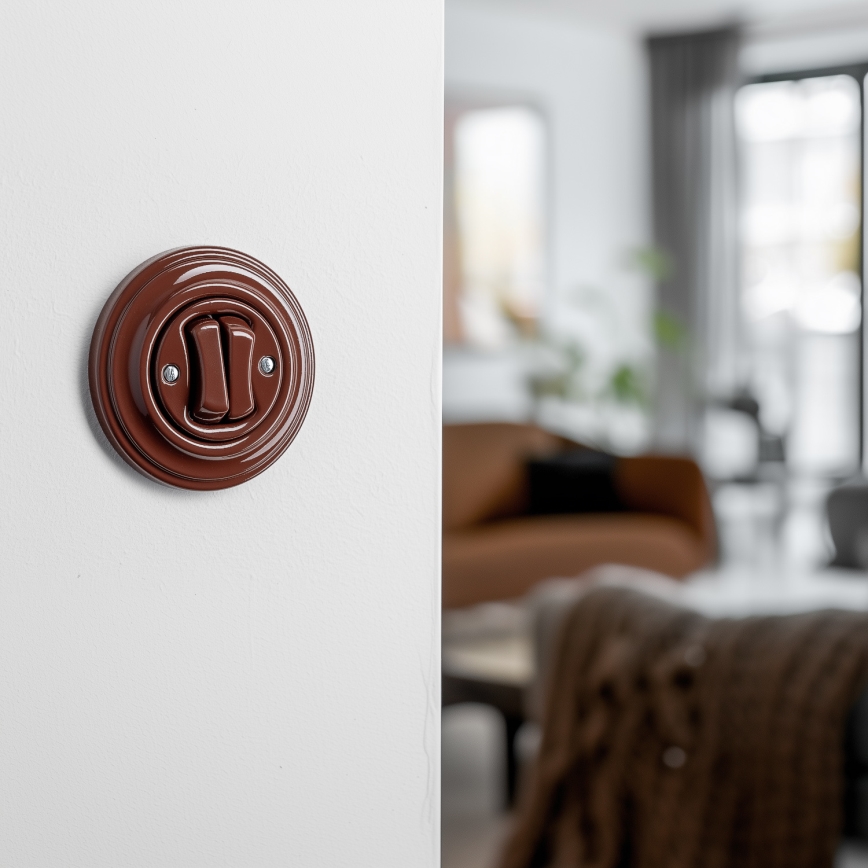 Kliklap - Ρετρό διπλός διακόπτης σκάλας με πλαίσιο αρ. 6+6 καφέ