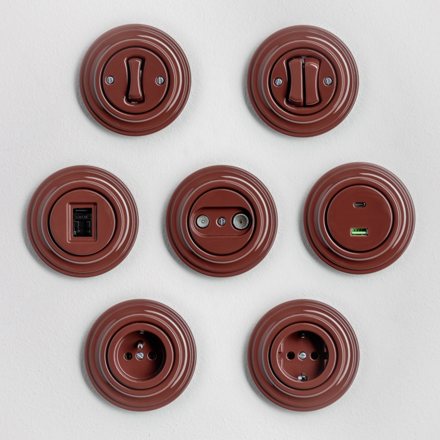 Kliklap - Ρετρό διπλός διακόπτης σκάλας με πλαίσιο αρ. 6+6 καφέ