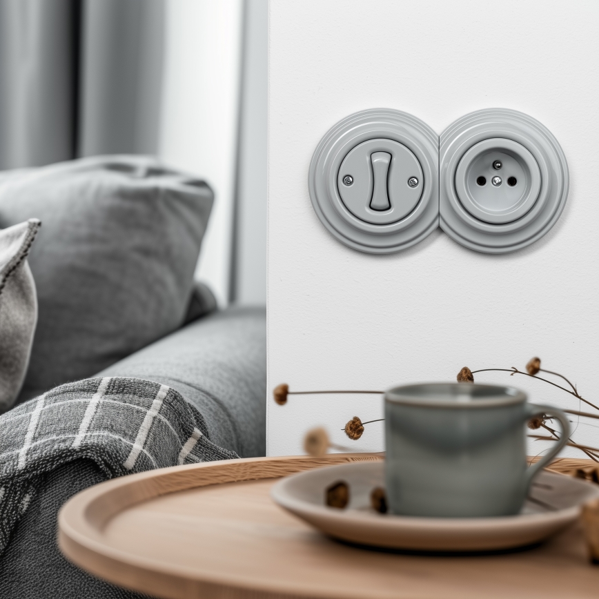 Kliklap - Ρετρό μονοπολικός διακόπτης αρ. 1 και πρίζα 230 V με πλαίσιο σε γκρι