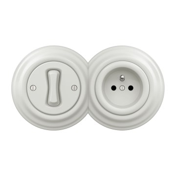 Kliklap - Ρετρό μονοπολικός διακόπτης αρ. 1 και πρίζα 230V με κεραμικό πλαίσιο σε λευκό