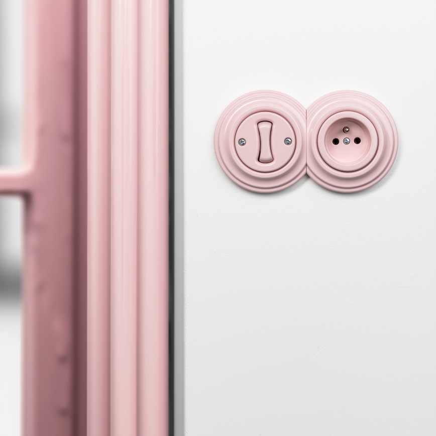 Kliklap - Ρετρό μονοπολικός διακόπτης αρ. 1 και πρίζα 230V με πλαίσιο σε παλαιωμένο ροζ