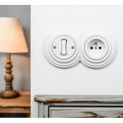 Kliklap - Ρετρό μονοπολικός διακόπτης αρ. 1 και πρίζα 230V με χιονόλευκο πλαίσιο