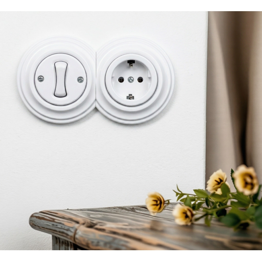 Kliklap - Ρετρό μονοπολικός διακόπτης αρ. 1 και πρίζα SCHUKO 230 V με πλαίσιο σε χιονόλευκη απόχρωση