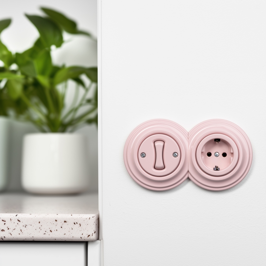 Kliklap - Ρετρό μονοπολικός διακόπτης αρ. 1 και πρίζα SCHUKO 230V με πλαίσιο σε σκονισμένο ροζ