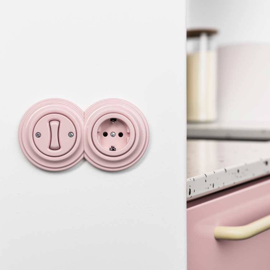 Kliklap - Ρετρό μονοπολικός διακόπτης αρ. 1 και πρίζα SCHUKO 230V με πλαίσιο σε σκονισμένο ροζ
