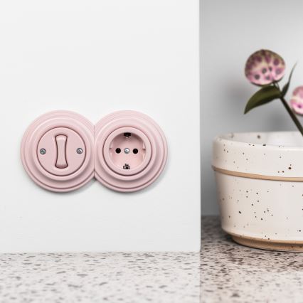 Kliklap - Ρετρό μονοπολικός διακόπτης αρ. 1 και πρίζα SCHUKO 230V με πλαίσιο σε σκονισμένο ροζ