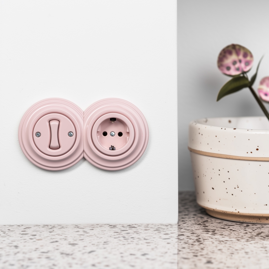 Kliklap - Ρετρό μονοπολικός διακόπτης αρ. 1 και πρίζα SCHUKO 230V με πλαίσιο σε σκονισμένο ροζ