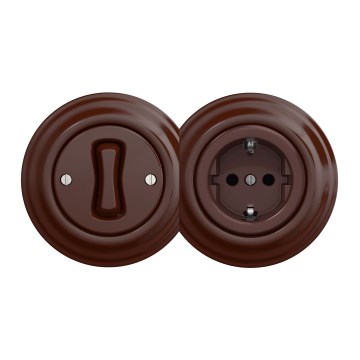Kliklap - Ρετρό μονοπολικός διακόπτης αρ. 1 και πρίζα SCHUKO 230V με πλαίσιο σε καφέ