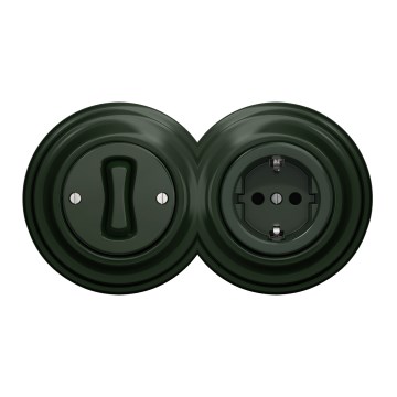 Kliklap - Ρετρό μονοπολικός διακόπτης αρ. 1 και πρίζα SCHUKO 230V με πλαίσιο σε πράσινο