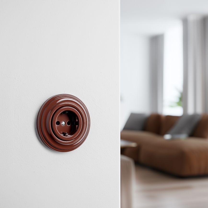 Kliklap - Ρετρό οικιακή πρίζα SCHUKO με πλαίσιο, 230V/16A, καφέ
