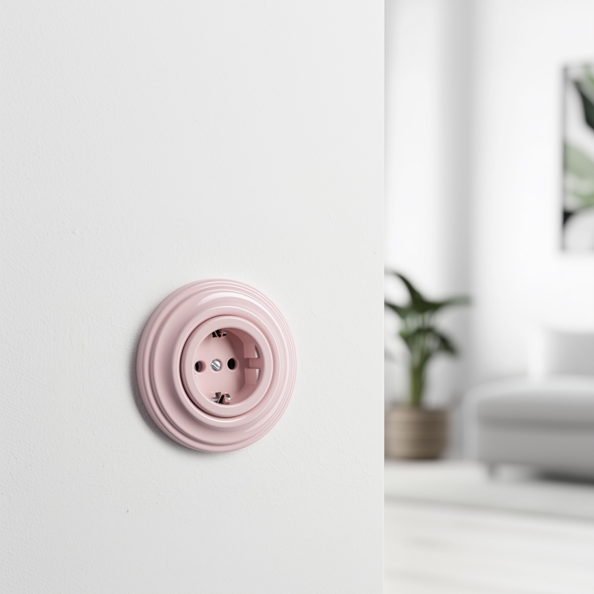Kliklap - Ρετρό οικιακή πρίζα SCHUKO με πλαίσιο 230V/16A σε απαλό ροζ