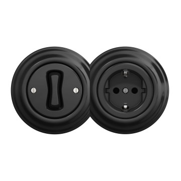 Kliklap - Retro μονοπολικός διακόπτης αρ. 1 και πρίζα SCHUKO 230V με μαύρο πλαίσιο
