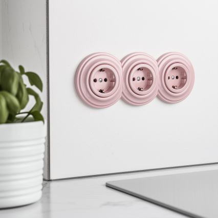 Kliklap - Τριπλή ρετρό οικιακή πρίζα SCHUKO 230V με πλαίσιο, σε απόχρωση παλαιωμένου ροζ