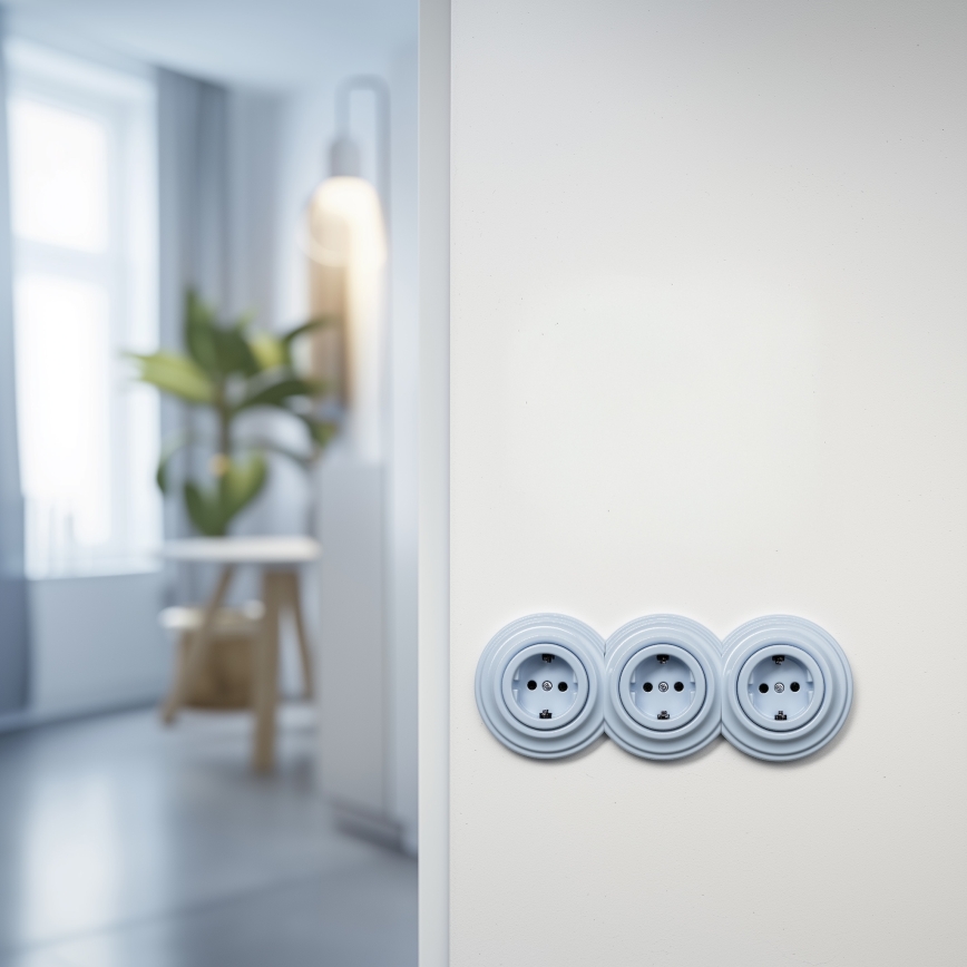Kliklap - Τριπλή ρετρό οικιακή πρίζα τύπου SCHUKO 230V με πλαίσιο, μπλε