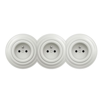 Kliklap - Τριπλή ρετρό οικιακή πρίζα με πλαίσιο, 230V, κεραμική, λευκή