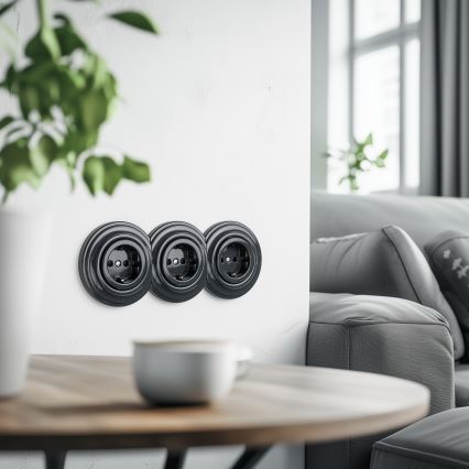 Kliklap - Τριπλή ρετρό οικιακή πρίζα με πλαίσιο SCHUKO 230V ανθρακί