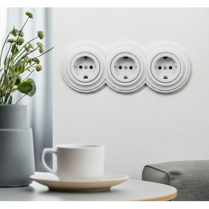 Kliklap - Τριπλή ρετρό οικιακή πρίζα με πλαίσιο SCHUKO 230V, λευκό σαν χιόνι