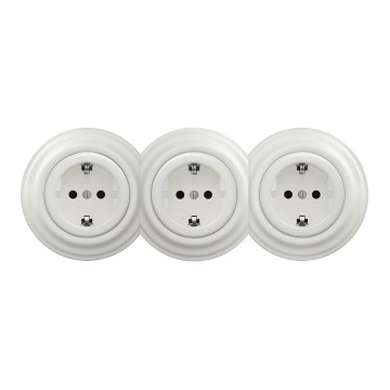 Kliklap - Τριπλή ρετρό οικιακή πρίζα με πλαίσιο SCHUKO 230V, κεραμική, λευκή