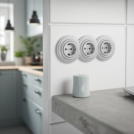 Kliklap - Τριπλή ρετρό οικιακή πρίζα με πλαίσιο SCHUKO 230V, κεραμική, λευκή