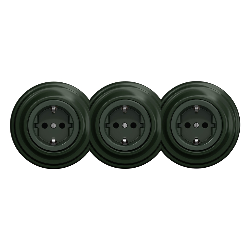 Kliklap - Τριπλή ρετρό οικιακή πρίζα με πλαίσιο SCHUKO 230V, πράσινη