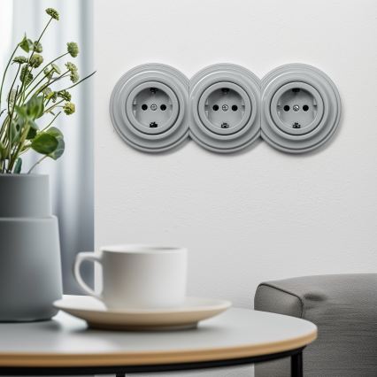 Kliklap - Τριπλή ρετρό οικιακή πρίζα με πλαίσιο SCHUKO 230V, γκρι
