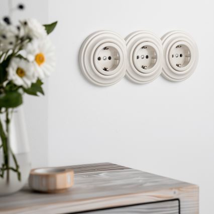 Kliklap - Τριπλή ρετρό οικιακή πρίζα με πλαίσιο SCHUKO 230V, μπεζ