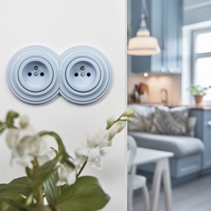 Kliklap - Διπλή ρετρό επιτοίχια πρίζα με πλαίσιο 230V, μπλε